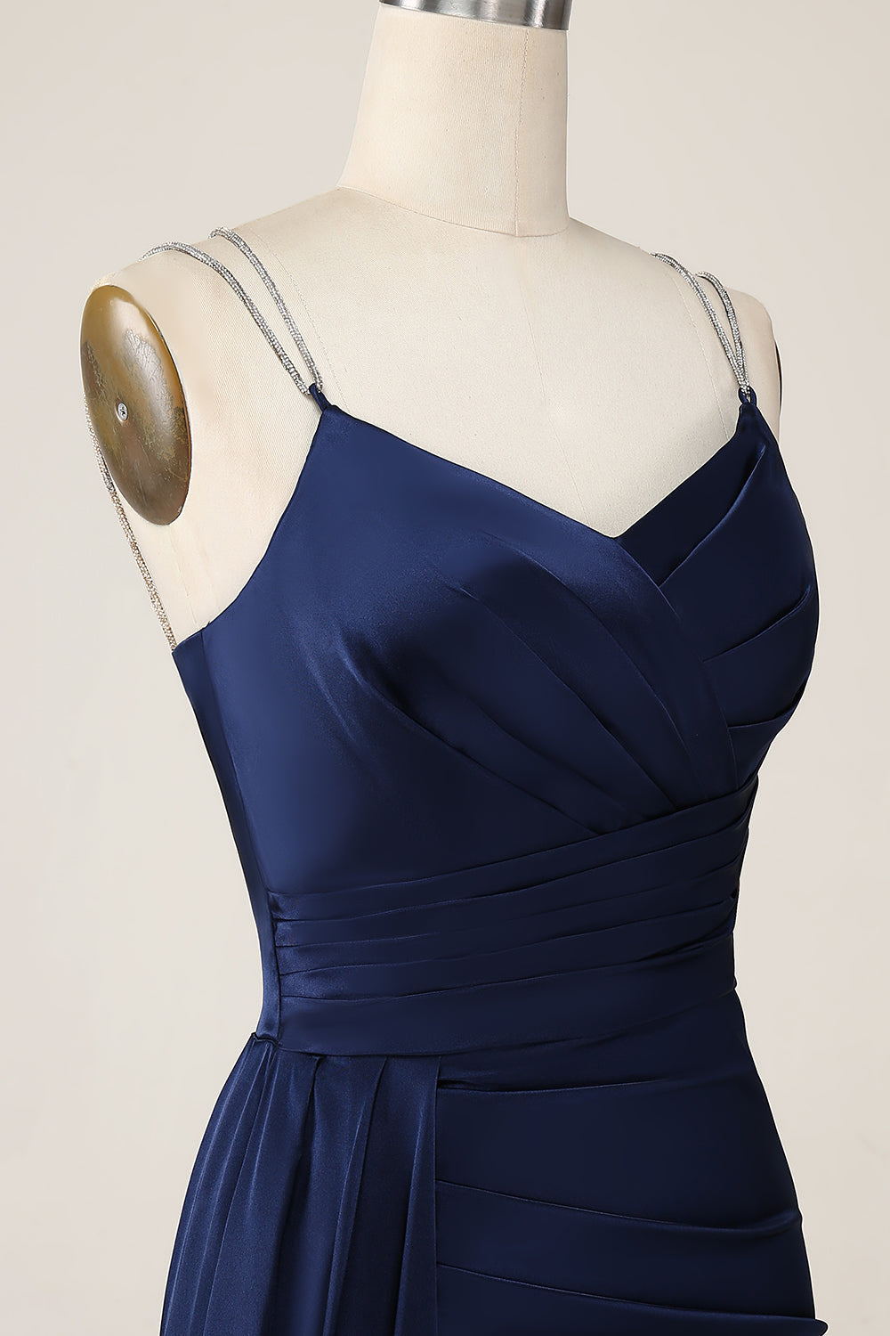 Berylove Women Navy Wedding Guest Dress Mermaid Spaghetti Straps Pleated Corset Maxi Prom Dress with Slit