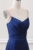 Navy Mermaid Spaghetti Straps Pleated Corset Maxi Dress With Slit