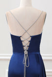 Navy Mermaid Spaghetti Straps Pleated Corset Maxi Dress With Slit
