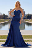 Navy Mermaid Ruched Satin Maxi Wedding Guest Dress With Slit