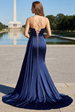 Navy Mermaid Ruched Satin Maxi Wedding Guest Dress With Slit