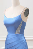 Mermaid Grey Blue Satin Spaghetti Straps Maxi Dress