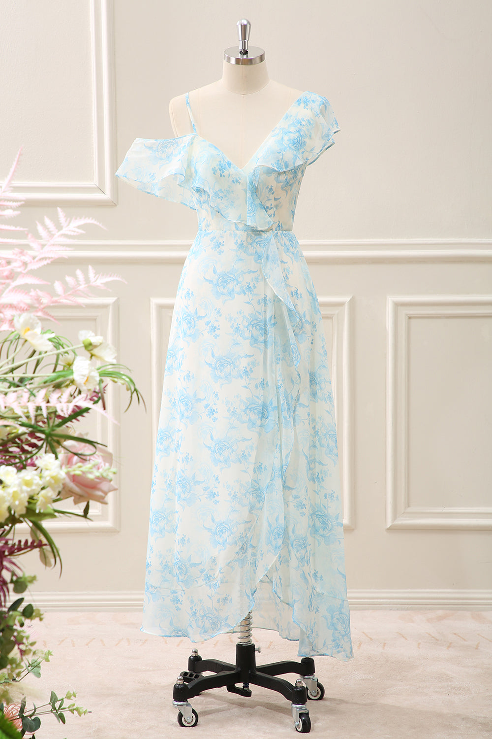 Berylove Women White Blue Flower A Line Chiffon Ruffled Tea Length Dress, White Blue Flower / US22W Berylove Women White Blue Flower A Line Chiffon Ruffled Tea Length Dress, White Blue Flower / US22W