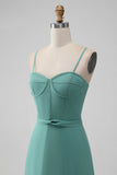 Grey Green Spaghetti Straps A Line Maxi Dress with Ruffles