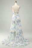 White Blue Flower A Line Long Tulle Maxi Dress with Ruffles
