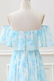 White Blue Floral Off The Shoulder Boho Maxi Dress with Ruffles