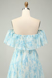White Blue Floral Off the Shoulder Tiered Maxi Dress