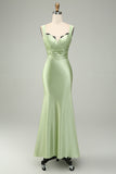Green Mermaid V Neck Satin Maxi Dress