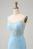 Blue Spaghetti Straps Bodycon Mini Dress with Lace-Up Back