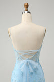 Blue Spaghetti Straps Bodycon Mini Dress with Lace-Up Back