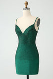 Dark Green Bodycon Spagehtti Straps Backless Mini Dress with Beading