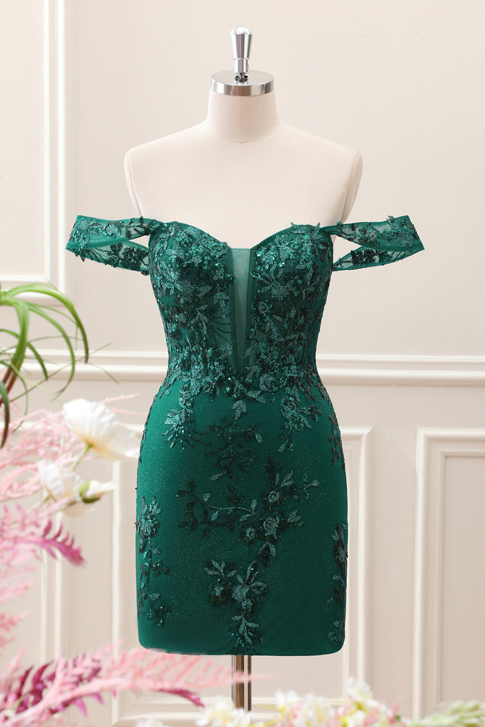 Berylove Women Sparkly Dark Green Off The Shoulder Homecoming Dress Floral Embroidery Tight Mini Party Dress, Dark Green / US10 Berylove Women Sparkly Dark Green Off The Shoulder Homecoming Dress Floral Embroidery Tight Mini Party Dress, Dark Green / US10