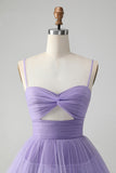 Cute Purple A Line Spaghetti Straps Tulle Tiered Mini Dress