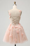 Sparkly Blush A Line V Neck Sequin Mini Dress with 3D Flowers