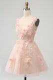 Sparkly Blush A Line V Neck Sequin Mini Dress with 3D Flowers