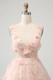 Sparkly Blush A Line V Neck Sequin Mini Dress with 3D Flowers