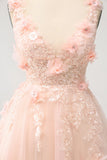 Sparkly Blush A Line V Neck Sequin Mini Dress with 3D Flowers