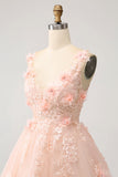 Sparkly Blush A Line V Neck Sequin Mini Dress with 3D Flowers