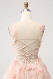 Sparkly Blush A Line V Neck Sequin Mini Dress with 3D Flowers