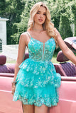 Preppy Green A Line Corset Spaghetti Straps Sequined Tiered Mini Dress