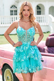 Preppy Green A Line Corset Spaghetti Straps Sequined Tiered Mini Dress