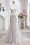 White Mermaid Off the Shoulder Sweep Train Wedding Dress with Applique Lace