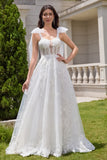White A Line Corset Detachable Straps Long Wedding Dress with Appliques Lace