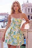 Strapless Pink Floral A Line Homecoming Dress With Bow