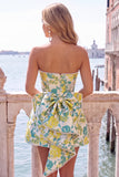 Strapless Pink Floral A Line Homecoming Dress With Bow