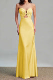 Pink Satin Strapless Cut Out Sheath Formal Dress