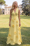 A Line V-Neck Fuchsia and Red Maxi Formal Dress With 3D Flowers