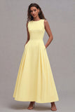 Light Yellow A-Line Boat Neck Wedding Guest Dress With Pockets