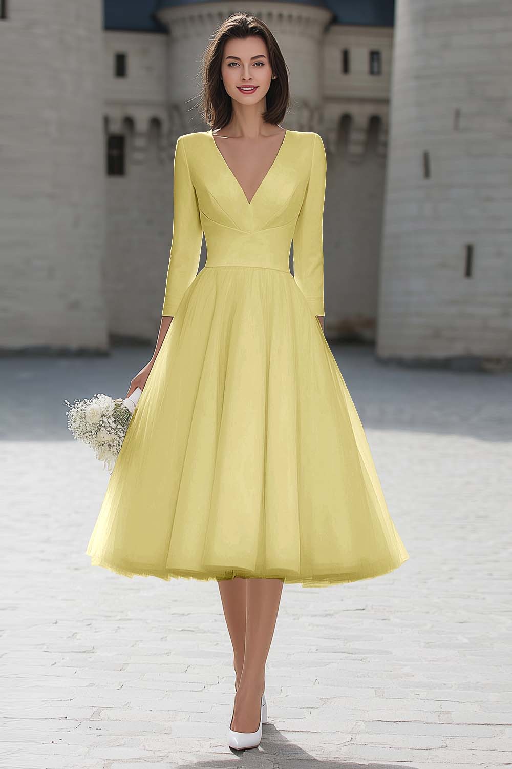 Berylove Women Ivory A-Line Engagement Dress Satin V-Neck Midi Bridal Shower Dress With 3/4 Sleeves Berylove Women Ivory A-Line Engagement Dress Satin V-Neck Midi Bridal Shower Dress With 3/4 Sleeves