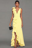 Black Bowed V Neck Maxi Formal Dress with Ruffles