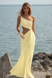 One Shoulder Cut Out Chiffon White Engagement Dress