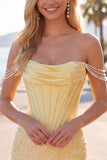 Off The Shoulder Corset Beaded Bodycon Yellow Mini Homecoming Dress
