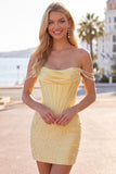 Off The Shoulder Corset Beaded Bodycon Yellow Mini Homecoming Dress