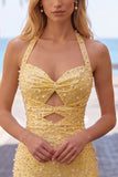Halter Beaded Bodycon Yellow Mini Homecoming Dress With Pearls