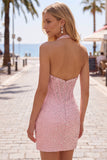 Halter Corset Beaded Bodycon Pink Mini Homecoming Dress