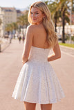 Strapless Sparkly White A Line Mini Homecoming Dress With Pearls