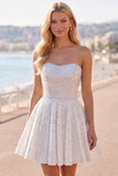 Strapless Sparkly White A Line Mini Homecoming Dress With Pearls