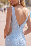 V-Neck Beaded Bodycon Blue Mini Homecoming Dress With Pearls
