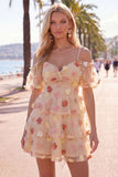 A Line Yellow Cold Shoulder Homecoming Dress With 3D Flowers
