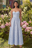 Strapless Floral Blue A Line Maxi Wedding Guest Dress