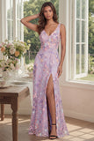 Floral Lilac A Line V Neck Maxi Wedding Guest Dress