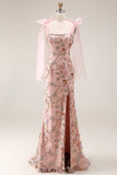 Floral Sequin Mermaid Pink Prom Dress with Bow