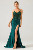 Sparkly Dark Green Mermaid Sequin Pleated Corset Maxi Dress with Slit