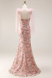 Floral Sequin Mermaid Pink Prom Dress with Bow