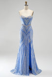 Strapless Sequins Blue Mermaid Long Prom Dress with Slit