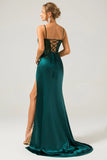 Sparkly Dark Green Mermaid Sequin Pleated Corset Maxi Dress with Slit